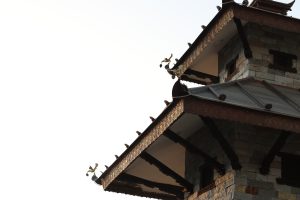 A corner of the Temple, which is a two-story pagoda temple build with wood, bricks, and metal.